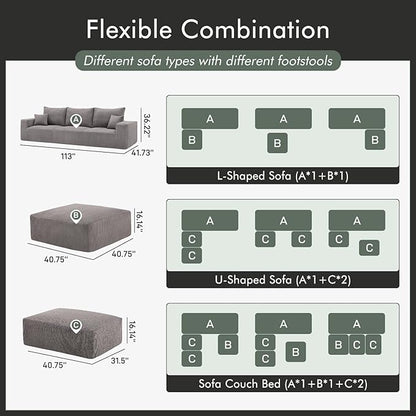 Boneless Sectional Cloud Couch Sofa for Living Room, 112" L-Shaped Modular Modern Lounge Sleeper Grey Couches with Chaise, No Assemble, Cordury Compression Upholstered Sofas