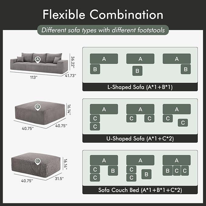 Boneless Cloud Couch Sofa for Living Room, 112" 3 Seater Grey Modern Lounge Sleeper Couch, No Assemble, Cordury Compression Upholstered Couches