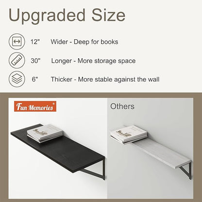 12 Inch Deep Floating Shelves, 30W x 12D Wall Shelves with Brackets, Black Floating Shelves 30 Inch Long, Rustic Wood Wall Shelf, Wide Storage Display Shelf for Kitchek, Living Room, Bathroom