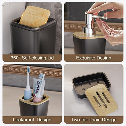 Black Bathroom Accessories Set - 24PCS Bathroom Sets with Shower Curtain and Rugs,Waterproof Black and White Shower Curtain Set, Toilet Brush, Trash Can & Soap Dispenser