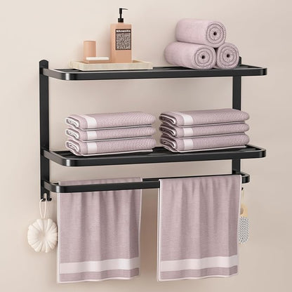 DDS-DUDES 3-Tier Black Towel Racks for Bathroom with Towel Bars Multilayer Hotel Towel Shelf Stainless Steel Wall-Mounted Matte Finished Holder with Towel Shelves 23 Inches
