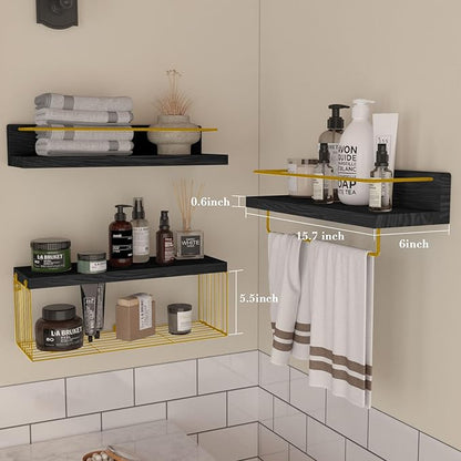 Bathroom Shelves Over Toilet for Wall, Floating Shelves with Storage Basket Paper Holer for Kitchen Living Room, Bedroom & Classroom, Set of 3 (Black and Gold)