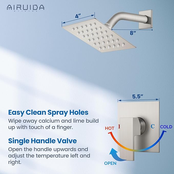 Airuida Shower Faucet Set Bathroom Rain Shower System SUS304 Stainless Steel Single Handle With Male Threads Rough-in Valve Shower Trim Kit 4 Inch Wall Mount Shower Head Brushed Nickel