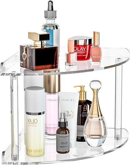 2 Tier Acrylic Corner Shelf Organizer Storage 9.5x9.5x8 Inch, Transparent Countertop Corner Shelf for Bathroom, Kitchen, Bedroom, Office, Study Room