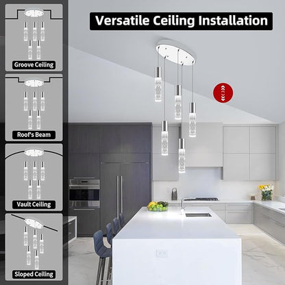 OKELI Smart Dimmable LED 5-Light Pendant Light for Kitchen Island, 18W 1350LM Modern Bubble Crystal Island Light Fixture with TUYA App & Voice Control, Adjustable 3000K-6000K, Electro-Chrome