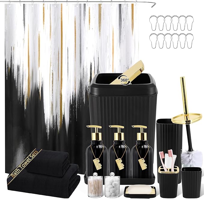 32PCS Bathroom Accessory Set Black Bathroom Accessories Bathroom Set, Shower Curtain Set, 2 Piece Bath Towel Set, 3PC Soap Dispenser, Toilet Brush & Trash Can