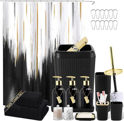 32PCS Bathroom Accessory Set Black Bathroom Accessories Bathroom Set, Shower Curtain Set, 2 Piece Bath Towel Set, 3PC Soap Dispenser, Toilet Brush & Trash Can