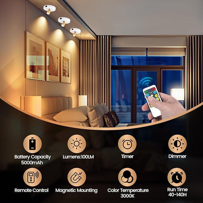 Rechargeable Spotlight, Battery Operated Picture Lights with Remote, Cordless Plant Spot Light Indoor, LED Accent Lighting, Dimmable Uplight for Tree Painting Artwork Photo Dartboard Decor