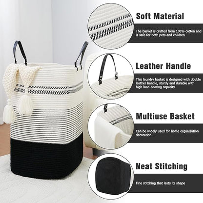 danpinera 75L Woven Laundry Hamper with Long Leather Handles, Baby Laundry Basket for Nursery, Tall Hampers for Bedroom Aesthetic, Decorative Clothes Storage Basket for Family White & Black