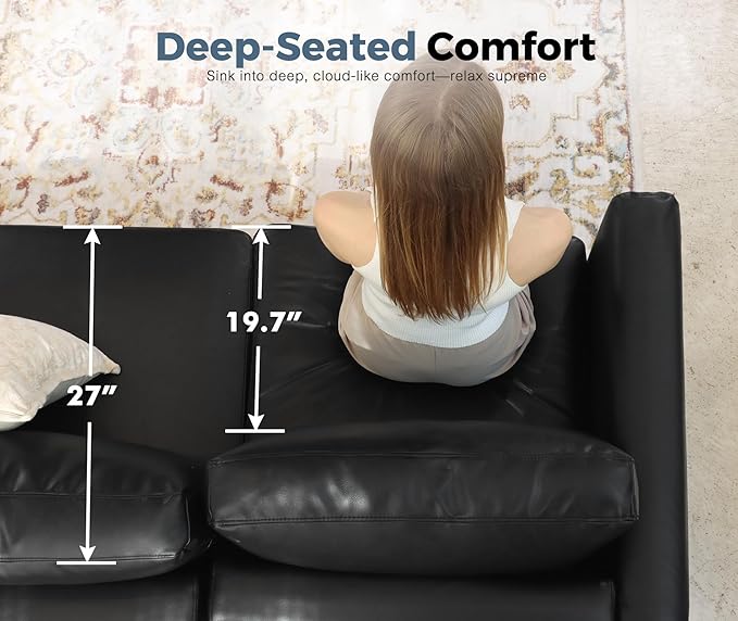 91.5" Faux Leather Modular Sectional Sofa, L Shaped Couch Set for Living Room, 3-Seater Comfy Cloud Couches with Movable Storage Ottoman,DIY Combination - Black