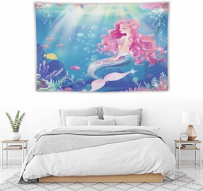 HZOHNAGO Mermaid Girls Tapestry Watercolor Mermaid Princess Pink Hair Pattern for Kids Room Decoration Printed Wall Tapestry Wall Hanging for Bedroom Living Room Dorm 90" W x 60" H