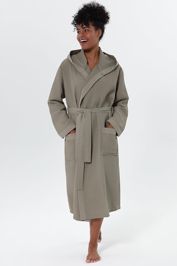 Women’s Luxury Waffle Shawl Collar, Hooded Robe w Piping – Lightweight, Long, Ultra Soft Spa Sleepwear Bathrobe