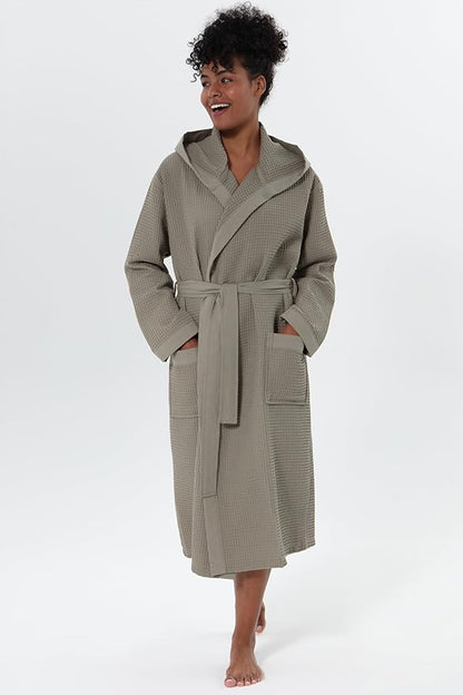 Women’s Luxury Waffle Shawl Collar, Hooded Robe w Piping – Lightweight, Long, Ultra Soft Spa Sleepwear Bathrobe