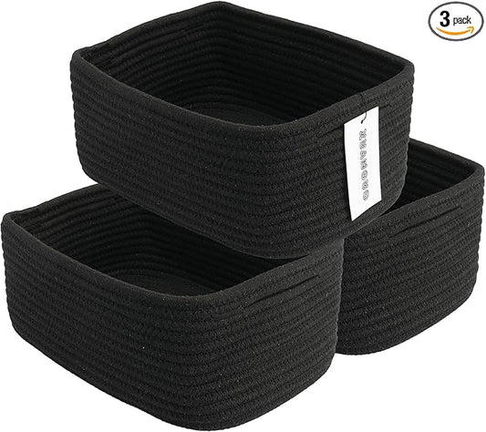 Small Woven Storage Baskets 12“X8”X5“ Decorative Rope Bins for Organizing Shelves, Closets, and Toys, Empty Gift Baskets, Cute Organizer Basket for Home and Office (black, regular)