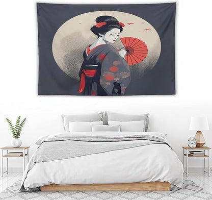 Japanese Woman Geisha Tapestry Asian Red Cherry Blossom Red Sun Traditional Kimono Folk Tapestries Home Decor for Living Room Bedroom Apartment Farmhouse Dorm 60"x40"