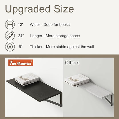 Deep Floating Shelves, 12 Inch Deep Floating Shelves for Wall, 24"W x 12"D Wall Shelves for Books, Rustic Black Wooden Shelves, Large Wide Display Shelf for Bathroom, Living Room, Bedroom, Set of 2