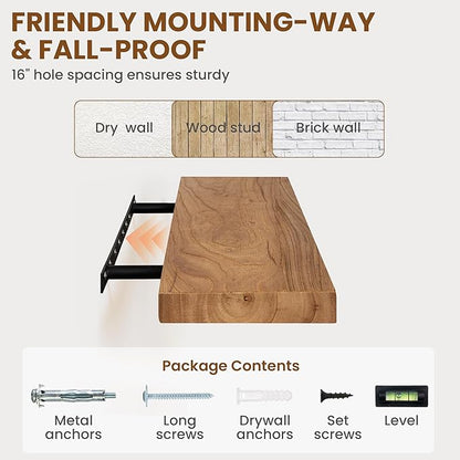 36 Inch Floating Shelves for Wall, Rustic Elm Wood Shelf for Home Decor, Heavy-Duty Wooden Floating Shelves for Kitchen, Wall Mounted Storage Shelves for Bathtoom, Living Room, Natural Color, Set of 2