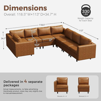 118.5" Faux Leather Modular Sectional Sofa, U Shaped Couch Set for Living Room, Large 8-Seater Comfy Cloud Couches with Storage Seat DIY Combination - Brown