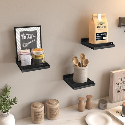 Small Floating Shelf, 6 X 6 Inches Farmhouse Wall Shelves for Living Room, Bedroom, Picture Frames, Plants, Kitchen, Set of 3 (Black)