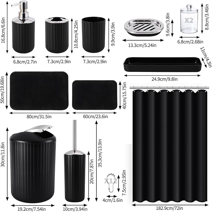 24 PCS Black Bathroom Accessories Set with Shower Curtain and Rugs, Bathroom Sets with Extra Soft and Absorbent Bath Rugs Shower Curtain Black Bathroom Sets for Bath