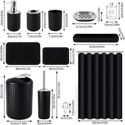 24 PCS Black Bathroom Accessories Set with Shower Curtain and Rugs, Bathroom Sets with Extra Soft and Absorbent Bath Rugs Shower Curtain Black Bathroom Sets for Bath