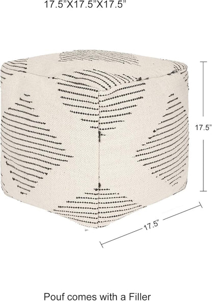 REDEARTH · Tufted Pouf Ottoman with Filler Textured Storage Cube Bean Bag Pouffe Footrest for Living Room, Bedroom, Nursery, Kidsroom; 100% Cotton (17.5"X17.5"X17.5", Loom Story 3 Natural Black)