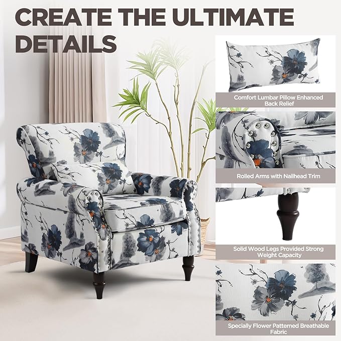 Wingback Accent Chair with Removable Pillow, High Back Floral Armchair with Solid Wood Legs & Nailhead Trim, Comfy Upholstered Reading Single Sofa Chair for Bedroom (1, Ink Blue Pattern)