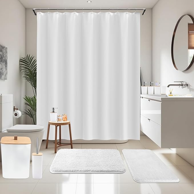 Bathroom Sets with Shower Curtain and Rugs, 27PCS White Bathroom Accessories Set with Trash Can, White Shower Curtain Set, No Slip Super Absorbent Bathroom Rugs