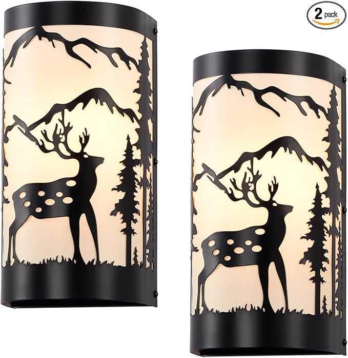 Black Wall Sconces Set of Two,Deer Metal Cream Parchment Rustic Wall Sconces,Farmhouse Indoor Wall Light Fixtures,Industrial Matte Sconce Light,Wall Lamps for Bedroom,Living Room,Hallway