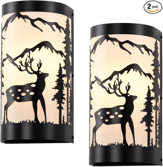 Black Wall Sconces Set of Two,Deer Metal Cream Parchment Rustic Wall Sconces,Farmhouse Indoor Wall Light Fixtures,Industrial Matte Sconce Light,Wall Lamps for Bedroom,Living Room,Hallway