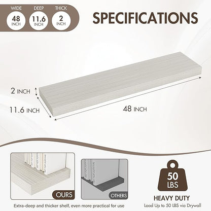 48 Inch Floating Shelves, 12" Deep Floating Shelf Wall Mounted, 48" Wall Shelves, Rustic Deep Bookshelf, Extra Deeper & Thicker Display Shelves for Bedroom, Living Room, Gray, Set of 2