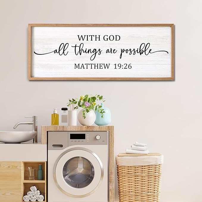 With God All Things are Possible Framed Wall Art, 40''×15'' Positive Religious Rustic Bible Verse for Christian God Jesus Christ Prayer, Vintage Horizontal Holy Inspirational Catholic Scripture Decor