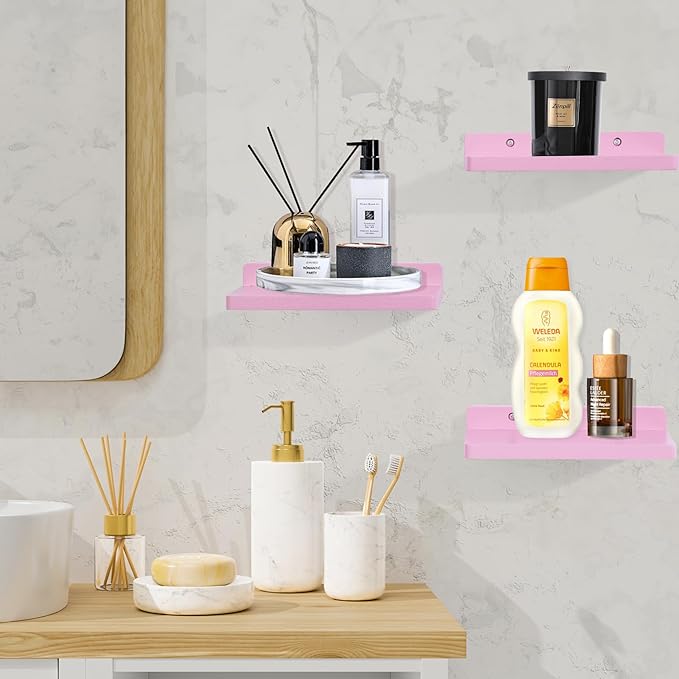 Small Floating Shelf,5 x 8.5 Inch,Set of 3 Small Wall Shelf for Bedroom Living Room Bathroom Kitchen Office (Pink)