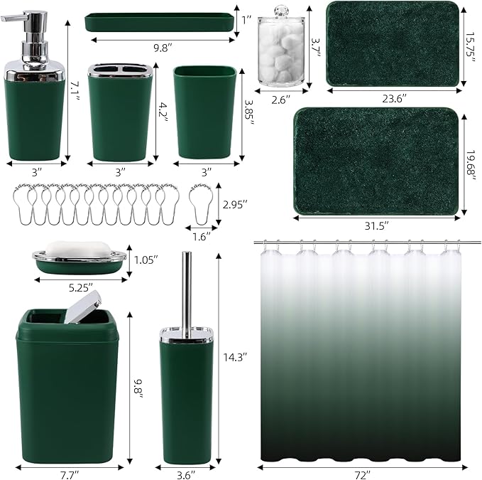 Dark Green Bathroom Accessories Set with Shower Curtain and No-Slip Bath Rugs,24PC Bath Sets with Trash Can, Toothbrush Holder, Cup, Soap Dispenser, Tray, Soap Dish, Toilet Brush, Qtip Holders