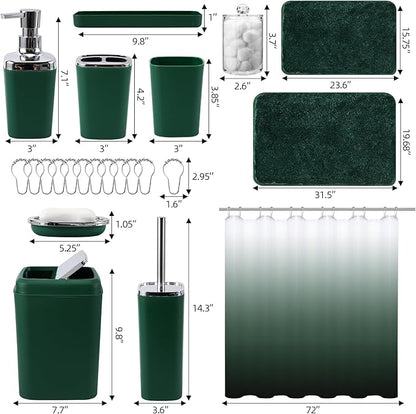 Dark Green Bathroom Accessories Set with Shower Curtain and No-Slip Bath Rugs,24PC Bath Sets with Trash Can, Toothbrush Holder, Cup, Soap Dispenser, Tray, Soap Dish, Toilet Brush, Qtip Holders