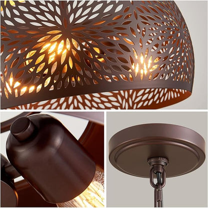 WUZUPS Chandelier Rustic Farmhouse Industrial Round Ceiling Pendant LED Light Fixture with Later-Cut Openwork Drum Shade, H 15.7" x W 13.4", Oil Rubbed Bronze