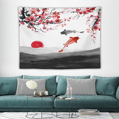 Houselerax Japanese Koi Fish Tapestries, Cherry Blossoms Asian Oriental Flower Branch Koi Fish Carp Tapestry Wall Hanging for Bedroom Living Room Office Decor 80"x60"