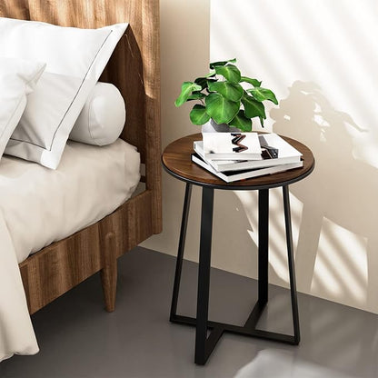 Round End Tables, Small Side Table Walnut Color MDF Top, Metal Frame Black, Tall End Table for Bed Room, Coffee Tea End Table for Living Room(Walnut+Black)