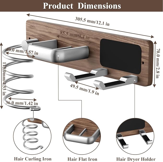 Tindbea Hair Dryer Holder Curling Iron Holder Flat Iron, Blow Dryer Holder Wall Mount, 3 in 1 Bathroom Hair Tool Organizer Rack for Universal Dryer, Walnut Wood Silver Color Metal