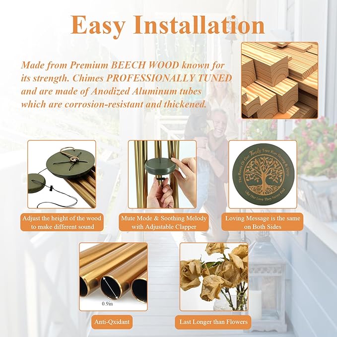 Wind Chimes for Outside, Large Outdoor Windchimes with Engraved Tree of Life, Premium Tuned Metal Chimes for Mother/Grandma, Home & Garden Decor with Soothing Tone