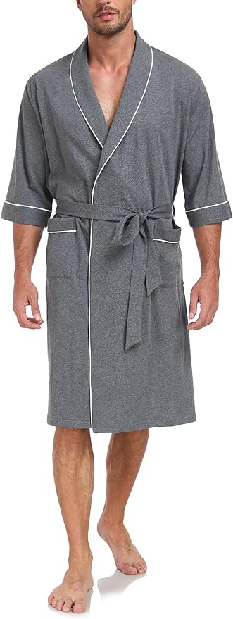 COLORFULLEAF Men's Bathrobes 100% Cotton Soft Comfort Breathable Short Sleeve Summer Kimono Mens Lightweight Robe