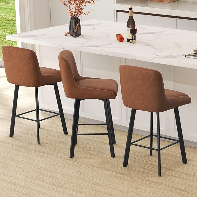 Swivel Bar Stools Set of 4, 26''H Upholstered Barstools with Backs, Modern Counter Height Bar Stool Chairs for Kitchen Island, Metal Legs, Faux Leather, Brown Counter Stools