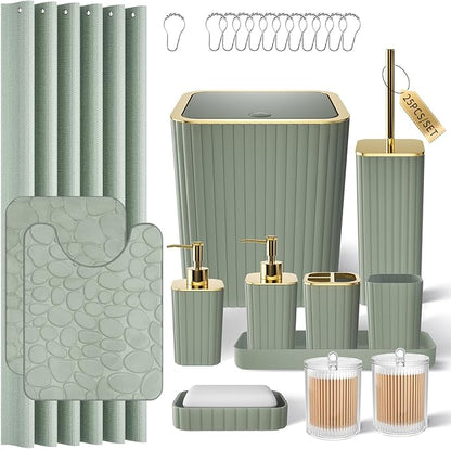 Bathroom Accessories Set - 25PC Sage Green Bathroom Set, Bathroom Set with Shower Curtain and Rugs, Sage Green Shower Curtain Set, Bathroom Accessory Set, Trash Can & Soap Dispenser
