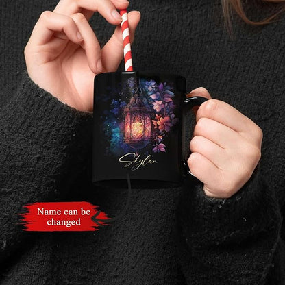 Custom Vintage Lantern With Flowers Coffee Mug, Personalized Name Ceramic Cup 11oz Or 15oz, Glowing Light And Flowers Mug, Customized Enchanted Nature Black Cup, Gift For Friends