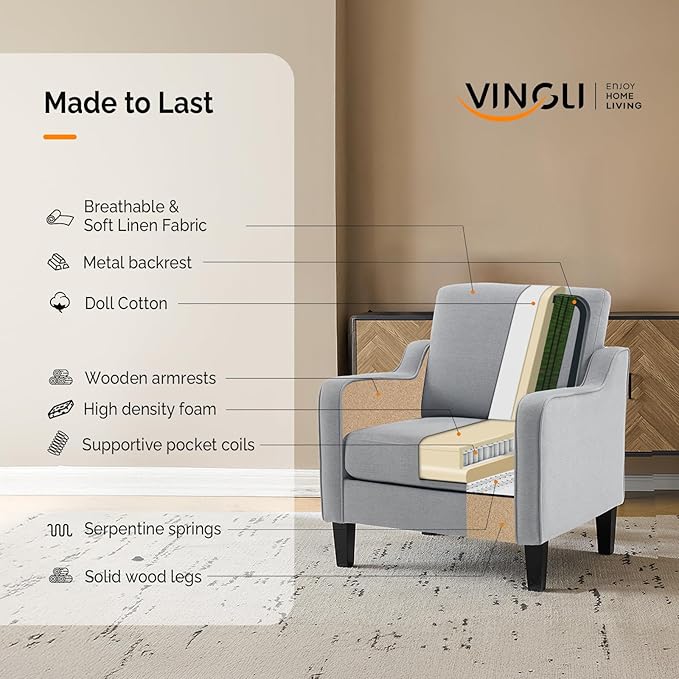 VINGLI Modern Accent Chairs Set of 2, Grey Living Room Chairs Comfy Armchair for Bedroom, Upholstered Sofa Chair Reading Chair for Small Spaces, Apartment, Waiting Room