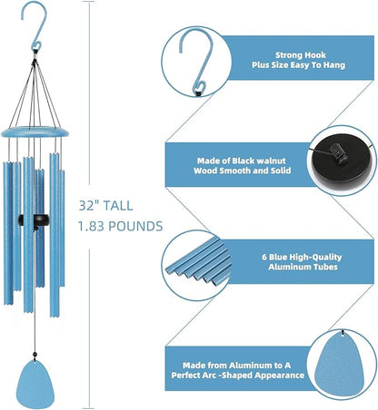 Wind-Chimes-Outdoor-Deep-Tone, Large Soothing Melodic Tones Mobile Windchimes, Wind Chimes for Outside, Memorial Wind Chime Best Gift for Mom Women Grandma Neighbors(32" Blue Coated Aluminum)
