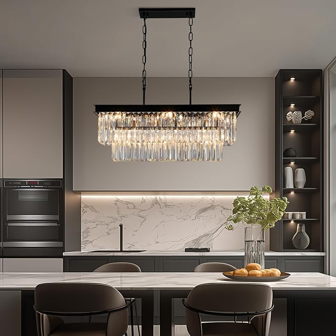 Black Crystal Chandeliers for Dining Room Light Fixtures Over Table，9-Lights Modern Rectangle Chandeliers for Kitchen Island Bar L28 Inch