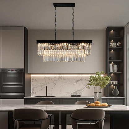 Black Crystal Chandeliers for Dining Room Light Fixtures Over Table，9-Lights Modern Rectangle Chandeliers for Kitchen Island Bar L28 Inch