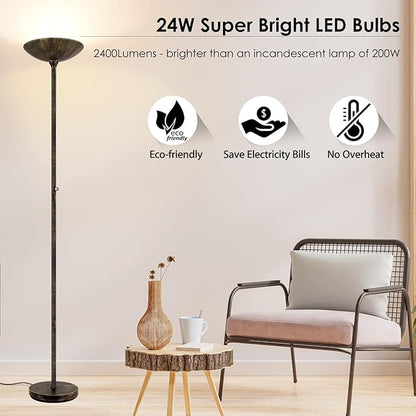 BoostArea Torchiere Floor Lamp Antique Bronze, 24W Super Bright LED Standing Lamp, 3000K Dimmable Pole Lamp with Rotary Switch, 70 Inch Tall Metal Modern Floor Lamps for Living Room/Bedroom/Office/Den