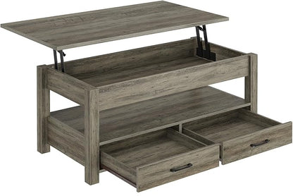 Rolanstar Coffee Table, 47.2" Lift Top Coffee Table with Drawers and Hidden Compartment, Retro Central Table with Wooden Lift Tabletop, for Living Room, Washed Oak